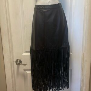 Neiman Marcus Soft Black Leather Fringe Skirt Sz M